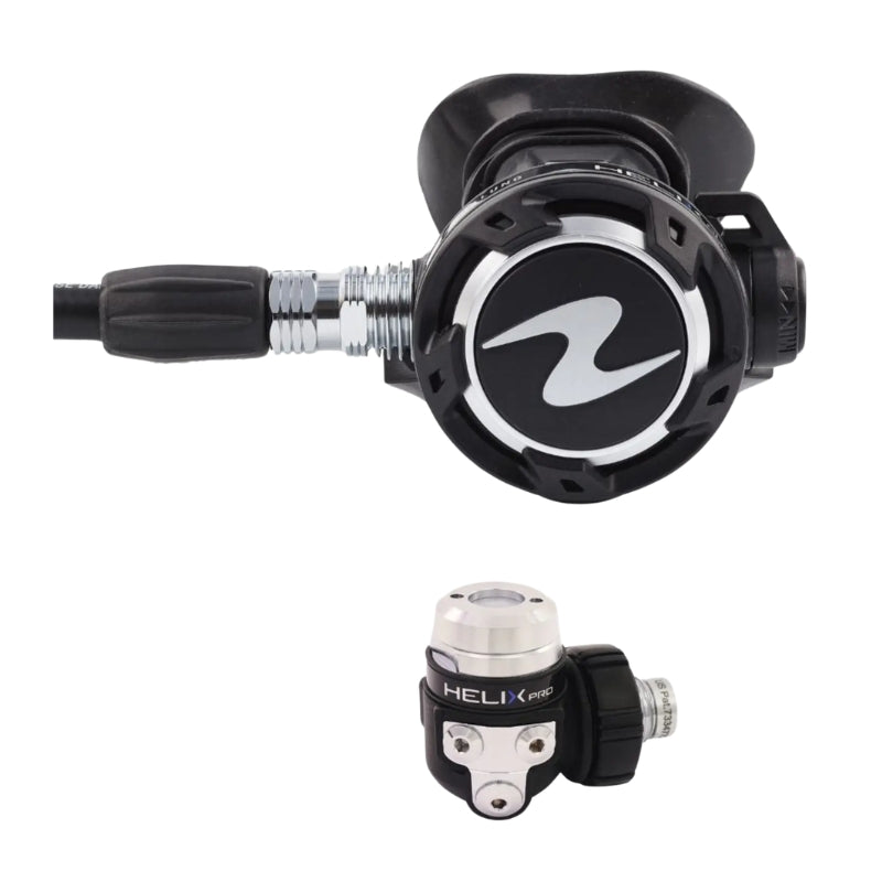 Regulador de buceo Aqualung Helix Pro, gama media con primera y segunda etapa equilibradas para una respiración suave a cualquier profundidad. Compatible con Nitrox y con protección total de la primera etapa gracias al sistema ACD. La opción con mejor relación calidad-precio de la gama Aqualung.