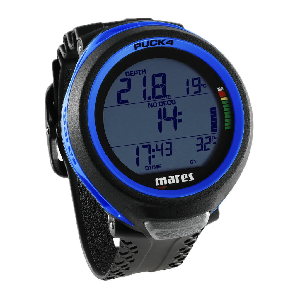 Ordenador de buceo Mares Puck 4, algoritmo Bühlmann ZH-L16C ajustable para un perfil de inmersión seguro y personalizable. Control con un solo botón, pantalla de segmentos de alta claridad y Bluetooth integrado para sincronizar cada inmersión con la app Mares.